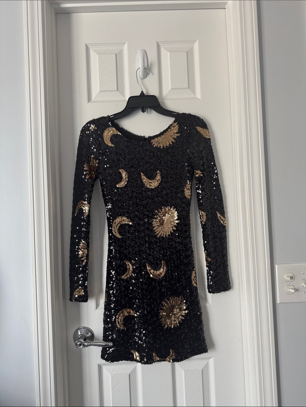 Black Sequin Long Sleeve Mini Dress with Gold Moon & Sun Motifs